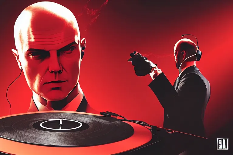 Image similar to a portrait of agent 4 7 from hitman wearing headphones and putting a vinyl record onto a turntable, dark background, red rim light, digita, l