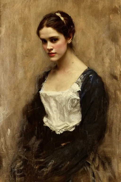 Image similar to Solomon Joseph Solomon and Richard Schmid and Jeremy Lipking victorian genre painting full length portrait painting of a young beautiful woman victorian famous actress