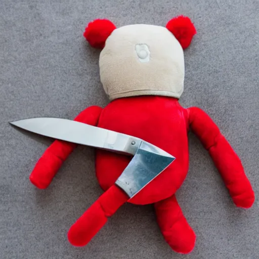 Image similar to a plush robot toy holding a bloody knife. Product photo.