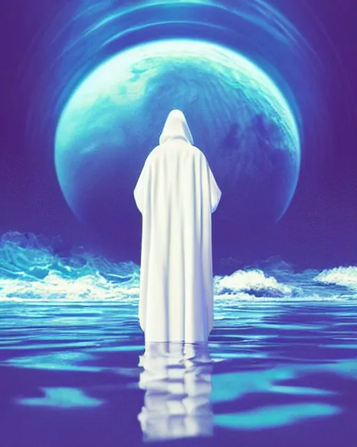 Image similar to a person wearing a white cloak standing in the water. a large planet is overhead. an album cover by stanley twardowicz, trending on cg society, retrofuturism, retrowave, chillwave, synthwave