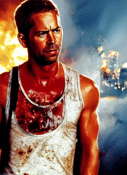 Prompt: film still of Paul Walker as John McClane in Die Hard, 4k