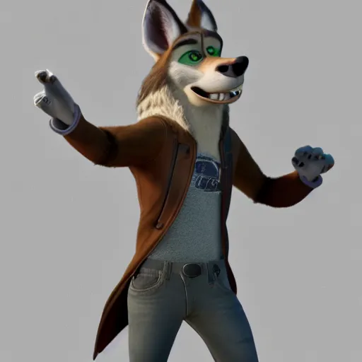 Image similar to far shot, 3d render , anthropomorphic wolf male , wearing along brown leather jacket , in the style of Zootopia