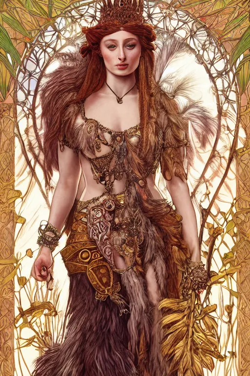 Prompt: Sophie Turner as the Queen of the Jungle, cute, fantasy, intricate, elegant, highly detailed, digital painting, 4k, HDR, concept art, smooth, sharp focus, illustration, art by artgerm and H R Giger and alphonse mucha