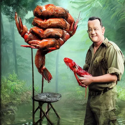 Image similar to Tom Hanks as forrest holding a giant shrimp on a stick over a campfire in the jungle, realistic digital painting, in the style of Aleksi Briclot, photoreailstic, realistic face, amazing detail, sharp