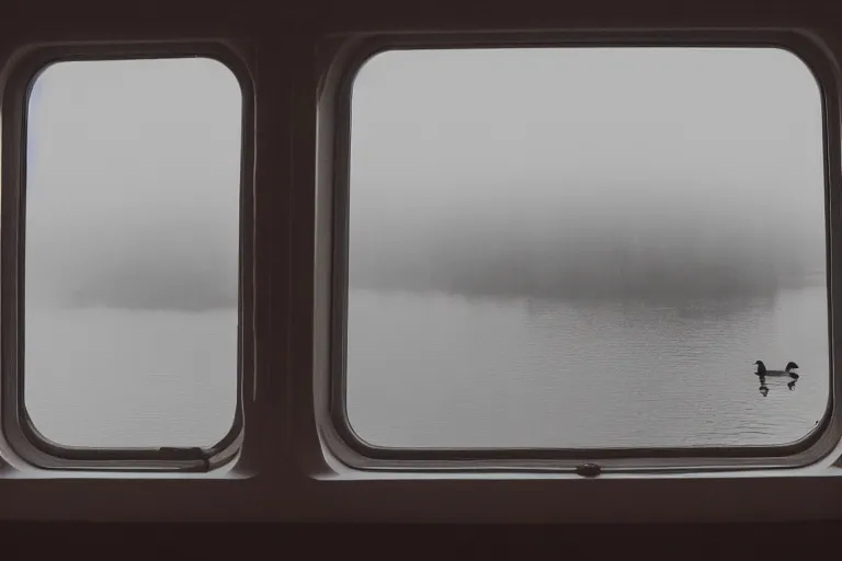 Image similar to looking out from the window of a train that is sailing on the water, the windows are fluttering with transparent gauze curtains, the sun shines in, fog and swans over the river, cinematic, 8k, masterpiece, light effect, ue5, photoshop