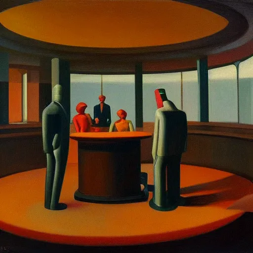 Image similar to a meeting of the robotic leaders in the capital dome, ( ( ( grant wood ) ) ), pj crook, ( ( ( edward hopper ) ) ), oil on canvas