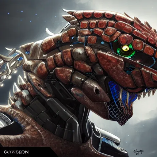 Image similar to cyborg robot dragon portrait, scales, artstation