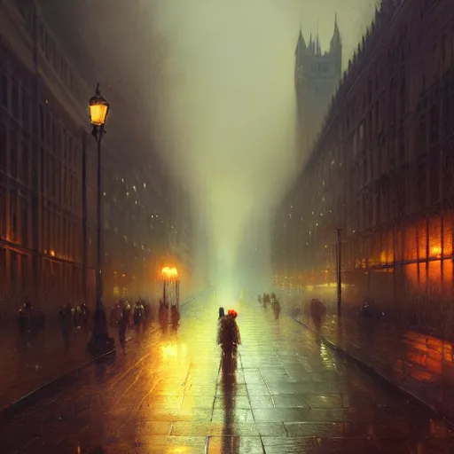 Image similar to nighttime in London, wet pavement, street level view, light mist, fantasy, intricate, elegant, digital painting, trending on artstation, concept art, soft focus, illustration by greg rutkowski, Gaston Bussiere and artgerm, 4k.