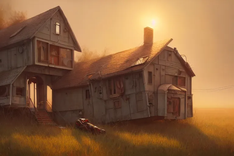 Prompt: a house with two mechanical legs looking like a human, rust, hyperrealistic, highly detailed, cinematic, single ray of sun, fog, beautiful, cgssociety, artstation, 8 k, oil painting