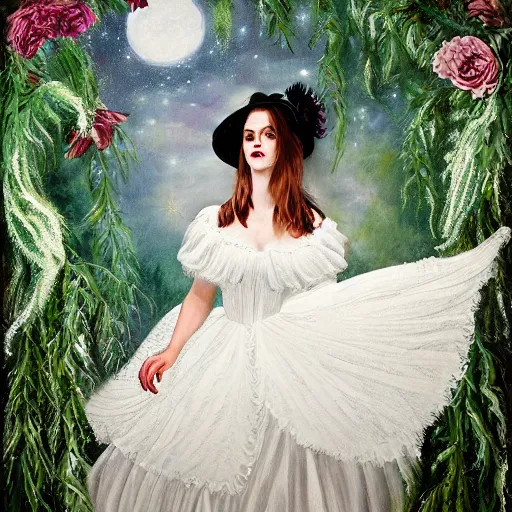 Image similar to full body fashion model emma watson smokey eyes makeup eye shadow textured film grain oil on canvas fantasy, glow, shimmer as victorian woman in a long white frilly lace dress and a large white hat having tea in a sunroom filled with flowers, roses and lush fern flowers ,intricate, night, highly detailed, dramatic lighting , high quality