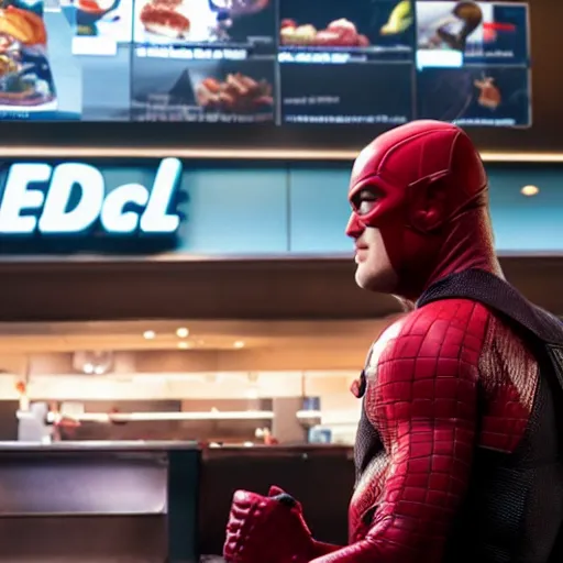 Image similar to daredevil eating in mcdonalds, marvel