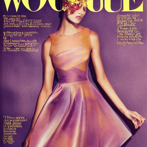 Image similar to editorial fashion tan skin super model in a couture gold and purple hues dress photography, from Vogue magazine Patrick Demarchelier