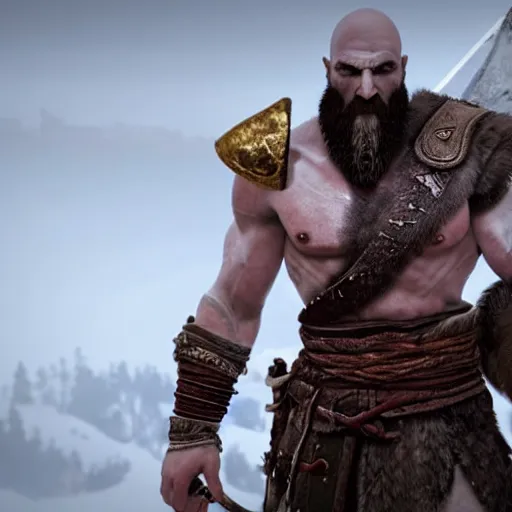 Image similar to god of war kratos beard strong viking old golden armor in snow walking 8 k, unreal engine 5