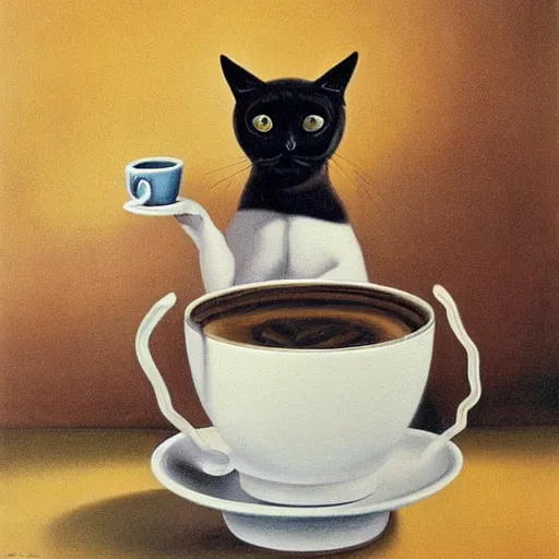 Image similar to A portrait of a siamese cat with long neck drinking coffee, oil painting by Salvador Dali
