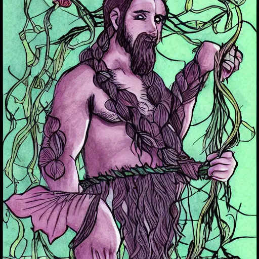 Prompt: male firbolg druid with vines and hibiscus flowers as hair simple drawing, comic style