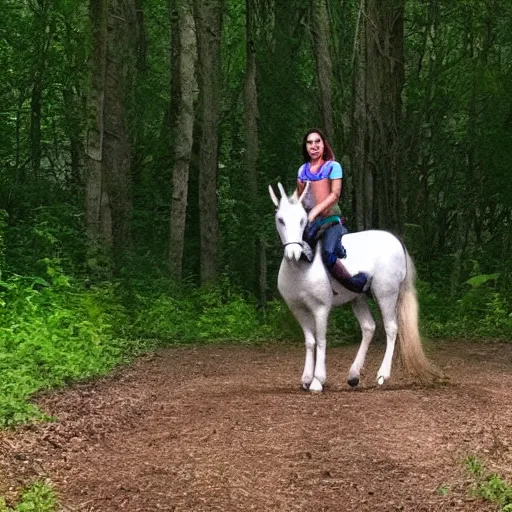 Image similar to trail cam of a teenager with short black curly hair on the woods riding a real unicorn