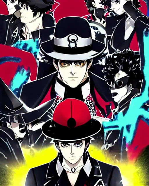 Image similar to Jotaro Kujo in Persona 5, in the style of Persona 5, Persona 5, Persona 5 artwork