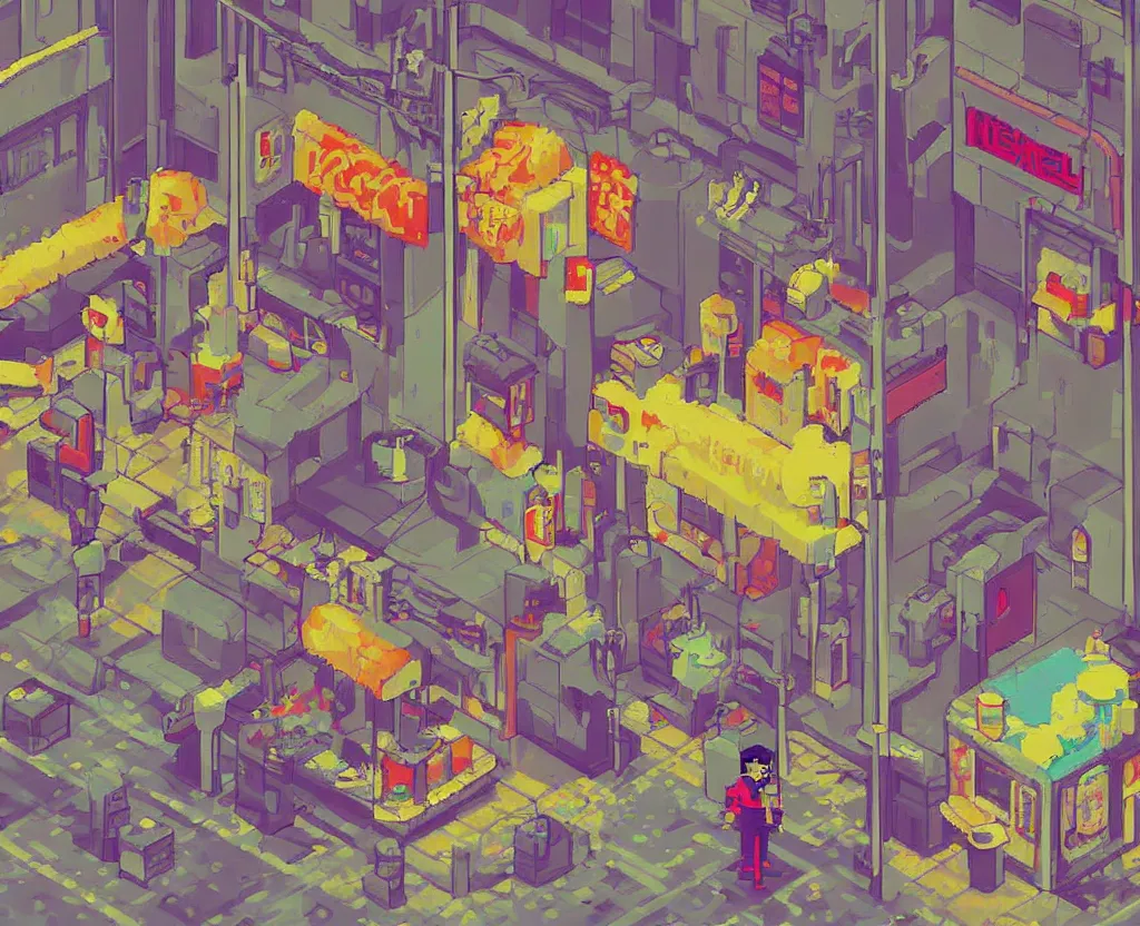 Image similar to 1 6 bit pixel art of a pill vendor on the street level of neo tokyo, cyberpunk, lo - fi aesthetic, sailor moon gradient, trending on art station, by kai vermehr