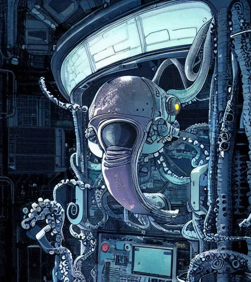 Image similar to a cybernetic realistic octopus in a space station, techwear, Industrial Scifi, detailed illustration, character portrait, by Ashley Wood and Moebius