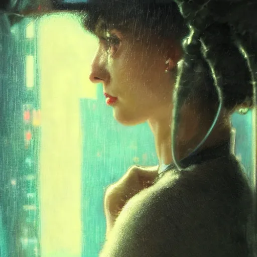 Image similar to detailed portrait of a woman, moment, cyberpunk cloisters, electronic billboards, tech noir, wet reflections, atmospheric, ambient, wlop, livia prima, greg rutkowski, george tooker, gil elvgren, norman rockwell, alexis flower, hopper, mucha, whistler, norman rockwell, peter max,