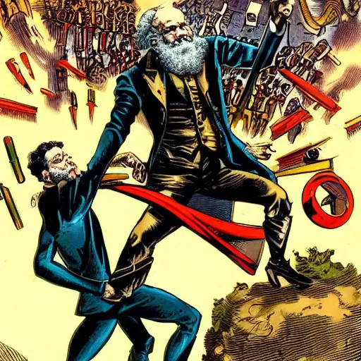 Prompt: Karl Marx defeating capitalism with super Powers and alien weapons, hyperrealistic, 8K