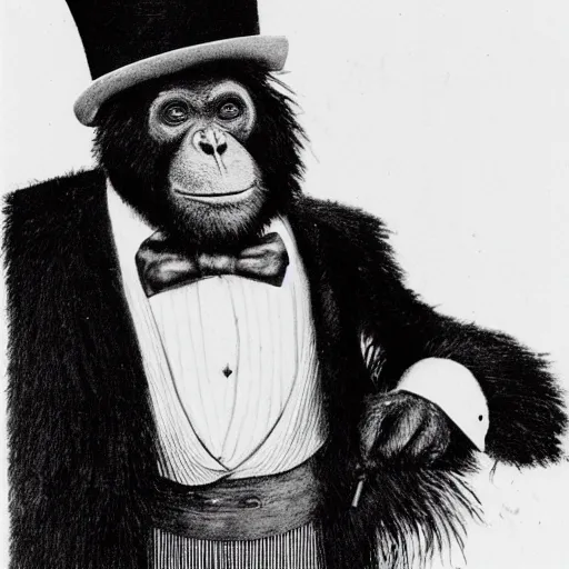 Prompt: professional portrait of an orangutan wearing a black suit a top hat and a monocle smoking a cigar in the Central Park Zoo, 8k, detailed