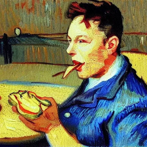 Prompt: a beautiful oil painting of elon musk eating a panini, 8k , award winning , made in 1800's , old , painted by vincent van gogh