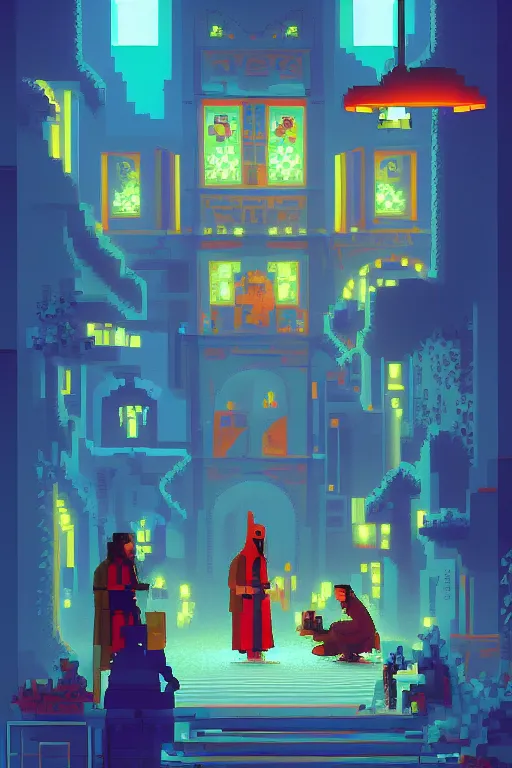 Image similar to life in the caspian hood. pixel art, pop art, no duplicate image, glowing lights, ultra details, digital painting, artstation, concept art, smooth, sharp focus, illustration, intecrate details, art by richard hamilton and mimmo rottela, pixels art by kirokaze and paul robertson