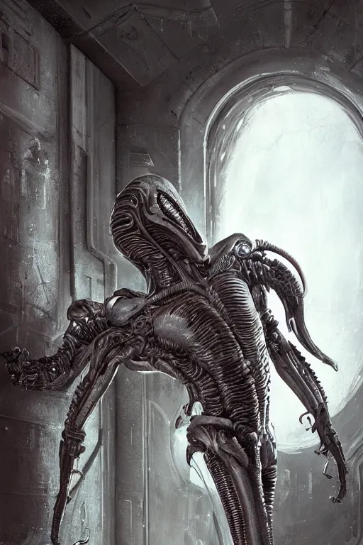 Prompt: ultra realist and ultra intricate detailed soft painting of a metal xenomorph, standing in a futuristic doorway, sensual gloomy style, volumetric clouds, artstation, unreal render, depth of field