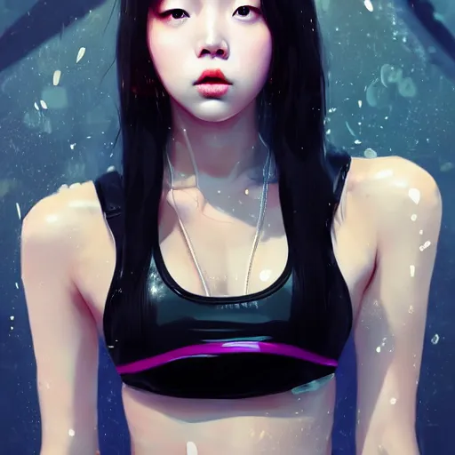 Image similar to a beautiful young korean kpop star billie eilish lucy liu alluring instagram model in elaborate latex bikini tank top, tank top made from latex demon faces, by guweiz and wlop and ilya kuvshinov and artgerm and, aesthetic, gorgeous, stunning, alluring, attractive, artstation, deviantart, pinterest, digital art