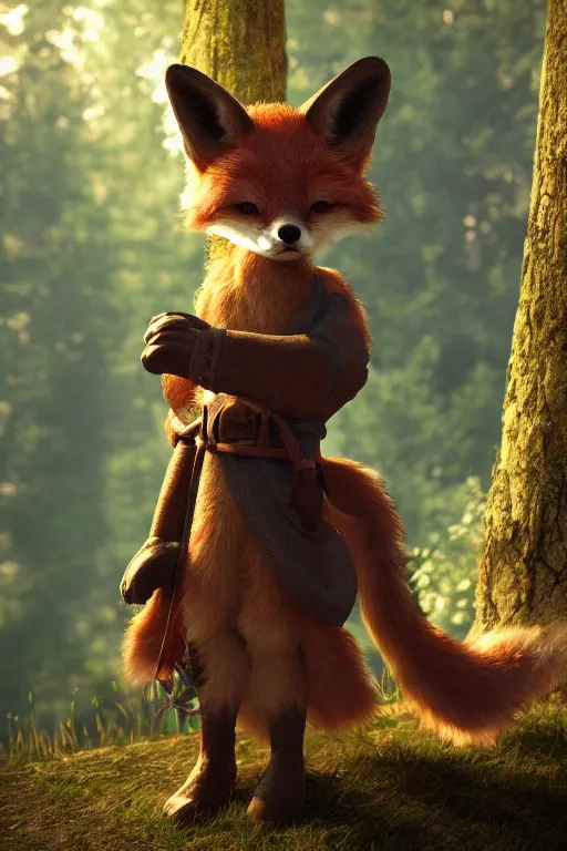 Prompt: a medieval anthropomorphic fox with a fluffy tail in a forest, backlighting, cgi, rendered in unreal engine, trending on artstation