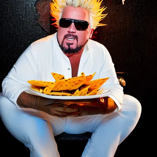 Image similar to guy fieri sitting on a white toilet in a bathroom stall , eating a plate of nachos that is sitting on his lap, 8k