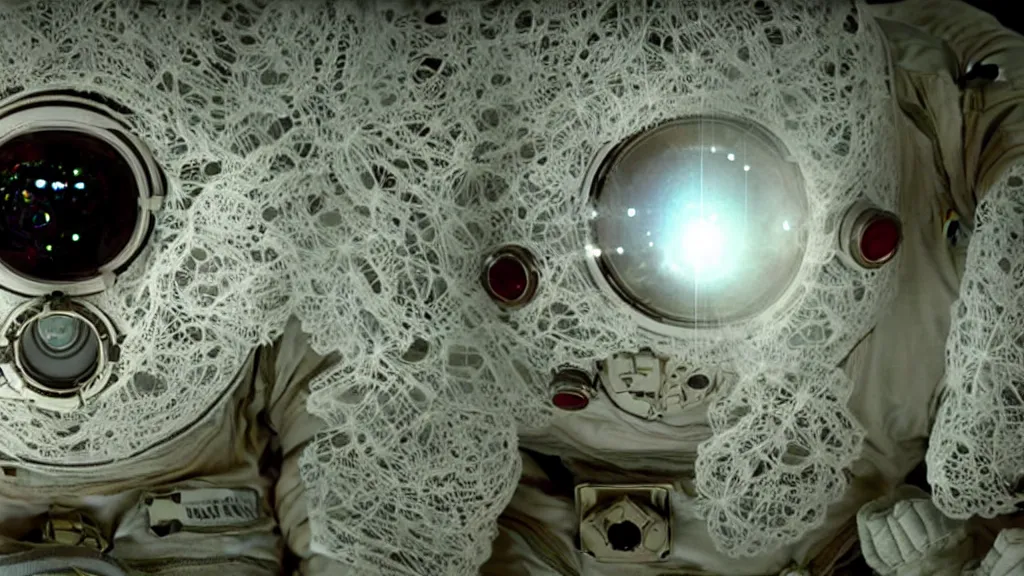 Image similar to a single astronaut eva suit covered in diamond 3d fractal lace iridescent bubble 3d skin and covered with insectoid compound eye camera lenses floats through the living room, film still from the movie directed by Denis Villeneuve with art direction by Salvador Dalí, wide lens,