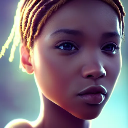 Image similar to a photorealistic hyperrealistic, bright brown eyes, light skinned african young girl, ponytail hair, flawless face, beautiful lips, cute face, white veil, by wlop, artgerm, greg rutwoski, alphonse mucha, beautiful dynamic dramatic low - light moody lighting, cinematic atmosphere, artstation, concept design art, octane render, 8 k