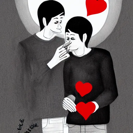 Image similar to two beautiful men drinking beer, red hearts, sadness, dark ambiance, concept by Godfrey Blow, featured on deviantart, drawing, sots art, lyco art, artwork, photoillustration, poster art