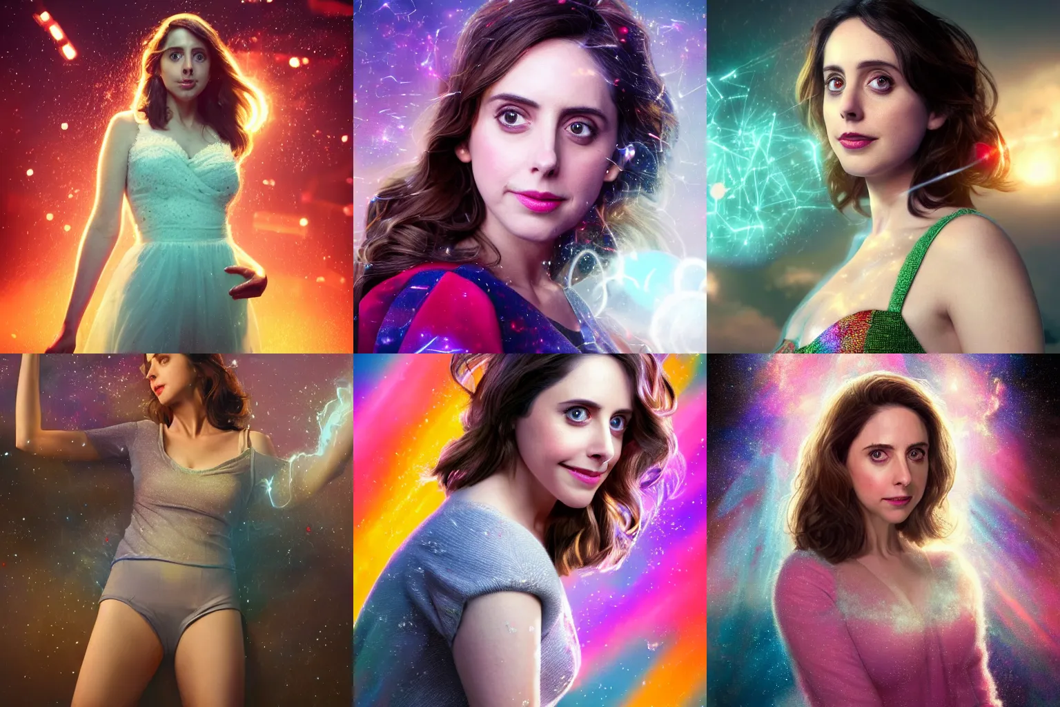 Prompt: a beautiful portrait of alison brie, character is in all its glory, character is in her natural relaxed pose, rim lights, particles and dust in the air, fancy clouds, highly detailed professional photo, dynamic lights, particles are flying, depth of field, trending on artstation, professional illustration, hyper realistic, vray caustics, super detailed, colorful accents, cinematic shot