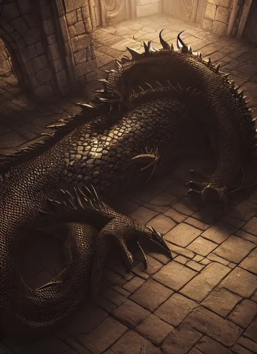 Image similar to black dragon sleeping in the castle, rpg style, dnd style, ultra detailed, trending on artstation, concept art, octane render, unreal engine,