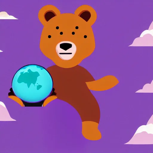 Image similar to cartoon illustration of a bear mascot being launched from a futuristic marble planet, purple and orange cloudland