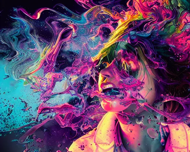 Prompt: sorceress in a chaotic storm of liquid smoke multicolor splash portrait, by petros afshar, sabbas apterus, brian sum, ross tran, tom whalen, shattered glass, bubbly underwater scenery, radiant light