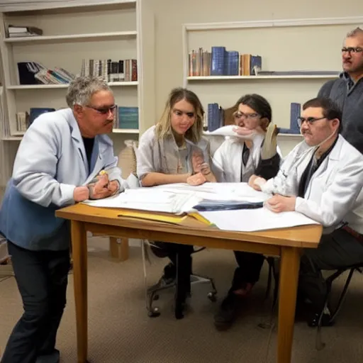 Prompt: a group of scientists toguether in a room studyng a golden retriever