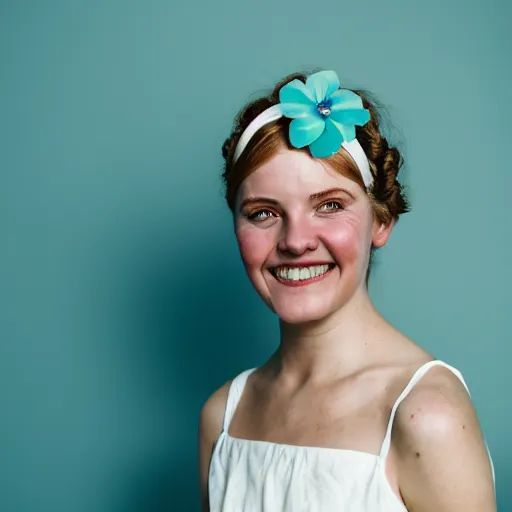 Prompt: a photograph of beautiful nordic woman, duchenne smile, wearing a white folkdrakt dress, she has a summer flower headband. against a teal studio backdrop. strong kodak portra 4 0 0 film look. film grain. cinematic. in - focus