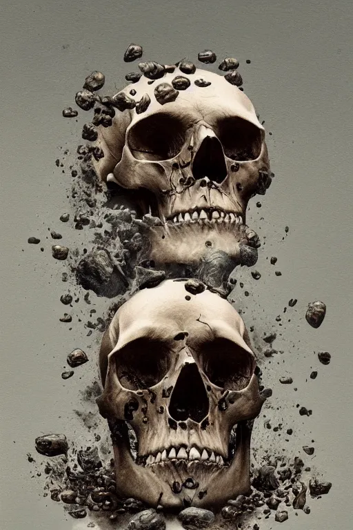 Prompt: skull bust, concept art, technology vs nature, a bullet explodes the skull in a hundred roccoco roses, photorealistic by michael komarck, greg rutkowski, victo ngai, artgerm, willem claesz heda and j. dickenson