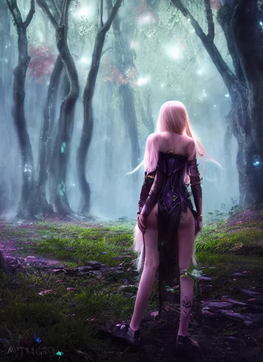 Prompt: magical forest cyberpunk, music, girl with blond long hair back view, elves, lord of the rings style, ultra detailed, trending on artstation, concept art, octane render, unreal engine,