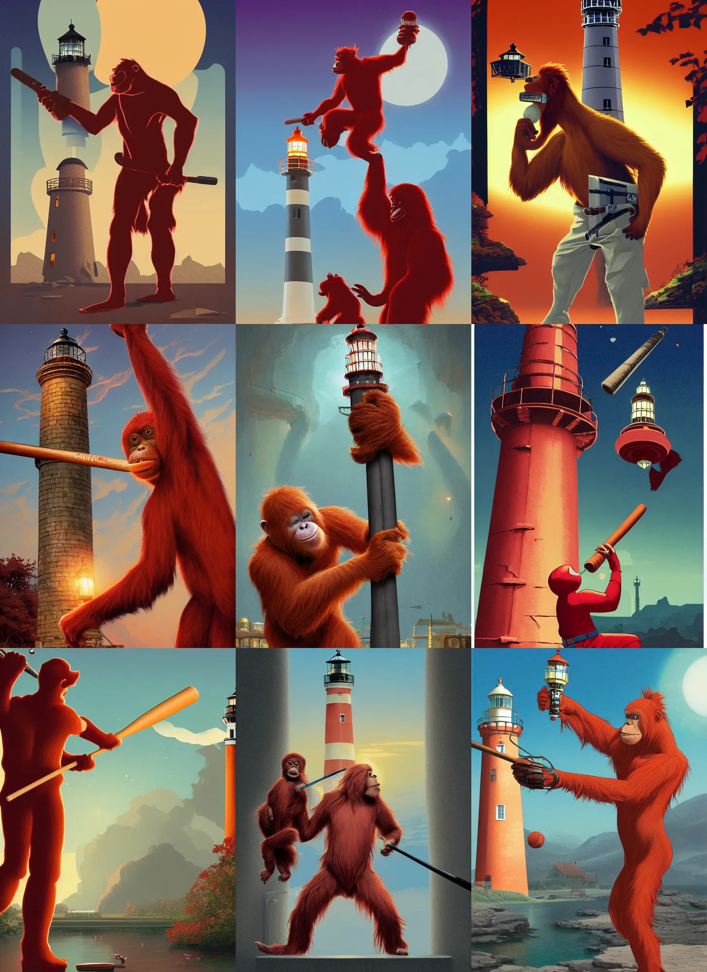 Prompt: rendering of red orangutan as clerk holding lighthouse toy as baseball bat, library interior background, travel poster artwork by michael whelan and tomer hanuka, high contrast, full of details, by makoto shinkai and thomas kinkade, matte painting, trending on artstation and unreal engine