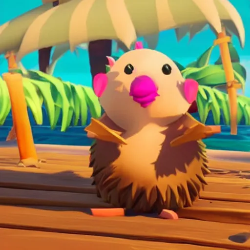 Image similar to hedgehog in a bikini in sea of thieves, hedgehog wearing a bikini, cute, colourful, happy, adorable, funny