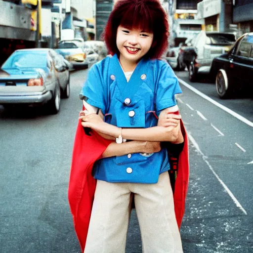 Image similar to 80's Japanese photo, medium shot, a preteen girl smile for cam, stand on the street, Professional Photography