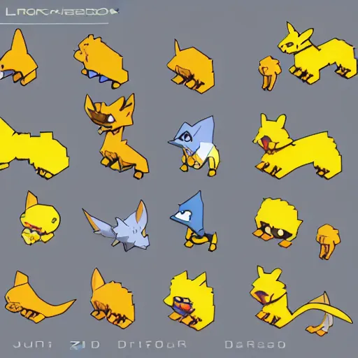 Prompt: Digimon inspired animals orthographic isometric 3d sprite sheet