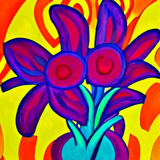 Image similar to a painting of a red flower on a yellow background, a pop art painting by laurel burch, trending on pixabay, fauvism, acrylic art, fauvism, oil on canvas