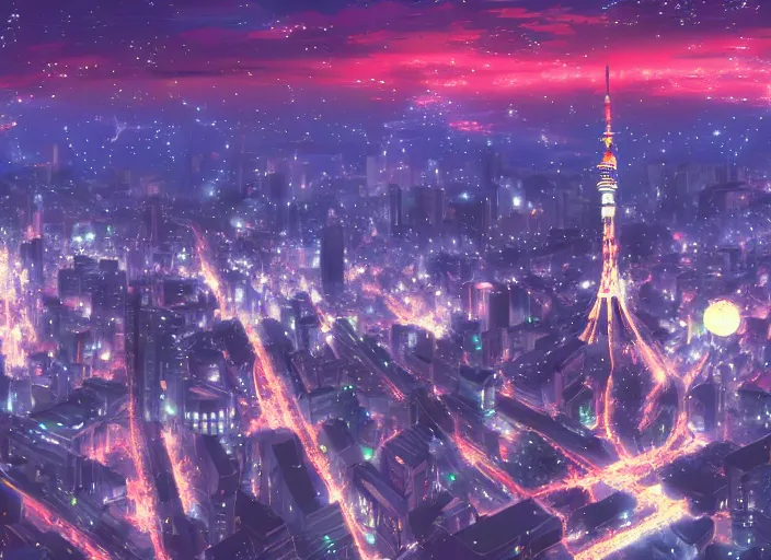 Image similar to beautiful anime landscape of tokyo at night by makoto shinkai