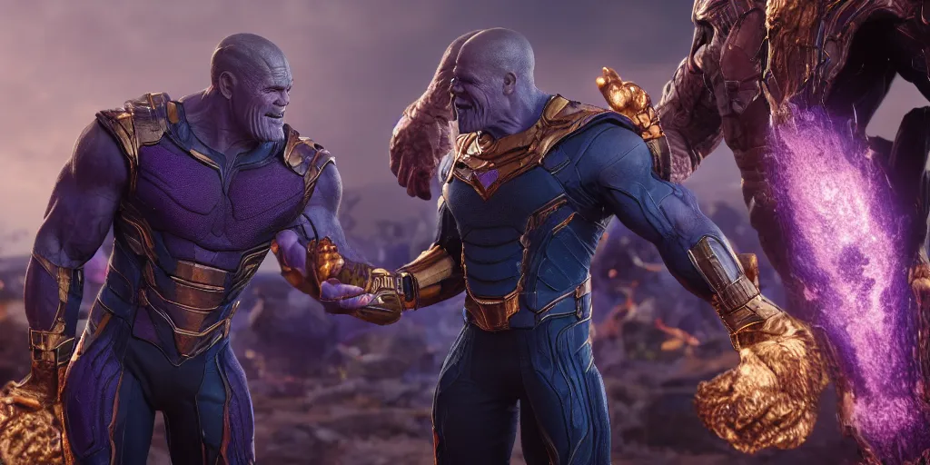 Image similar to a octane render jimmy donaldson in marvel shaking hands with thanos, by waya steurbaut entertainment, dark, intricate, highly detailed, smooth, artstation, high resolution film render 100k, photo realistic style, epic, colourful, close up shot, 3D